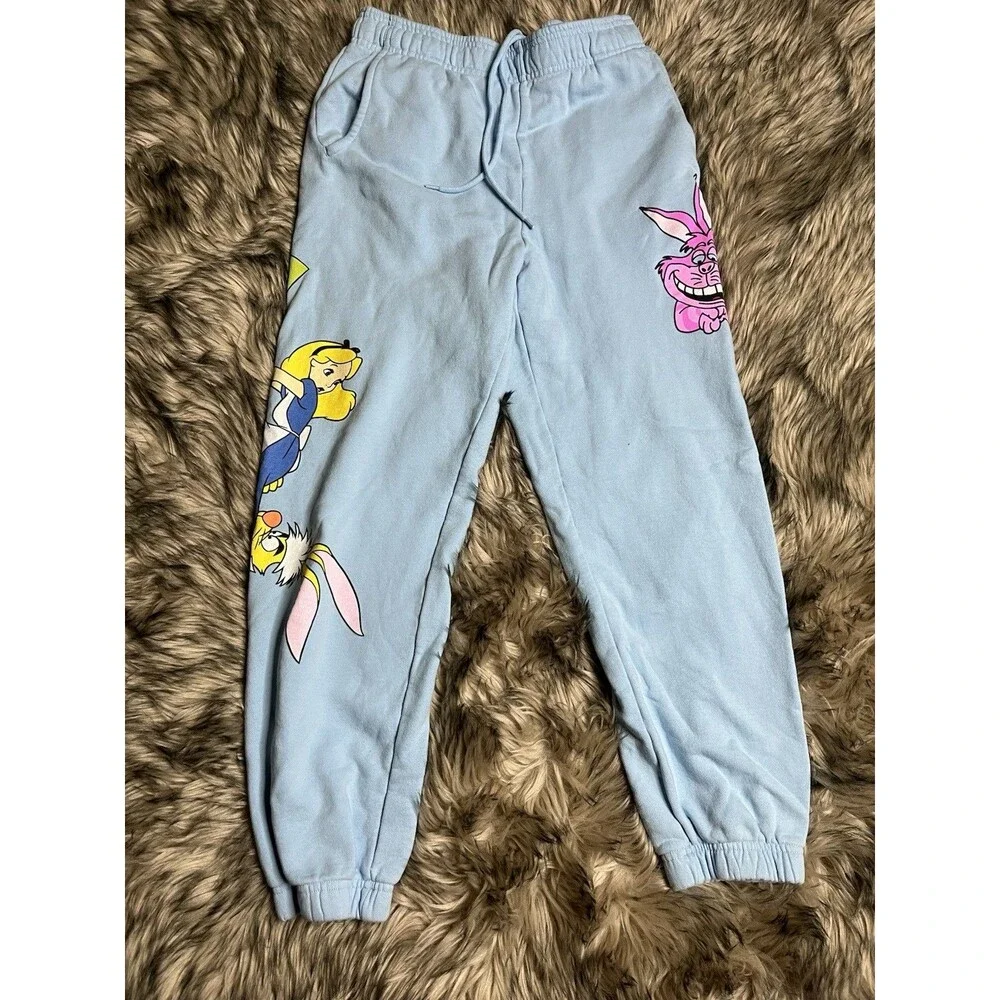 Disney Alice in Wonderland Graphic Sweatpants Light Blue Joggers Sz L Women